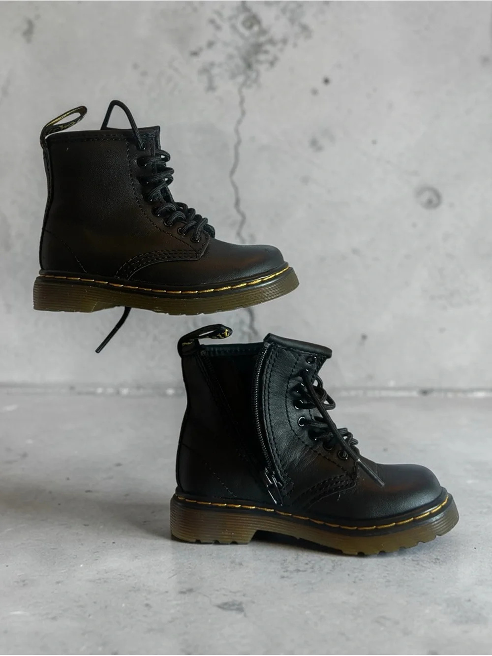 Toddler Black Doc Marten Combat Boots with Yellow Welt Stitching